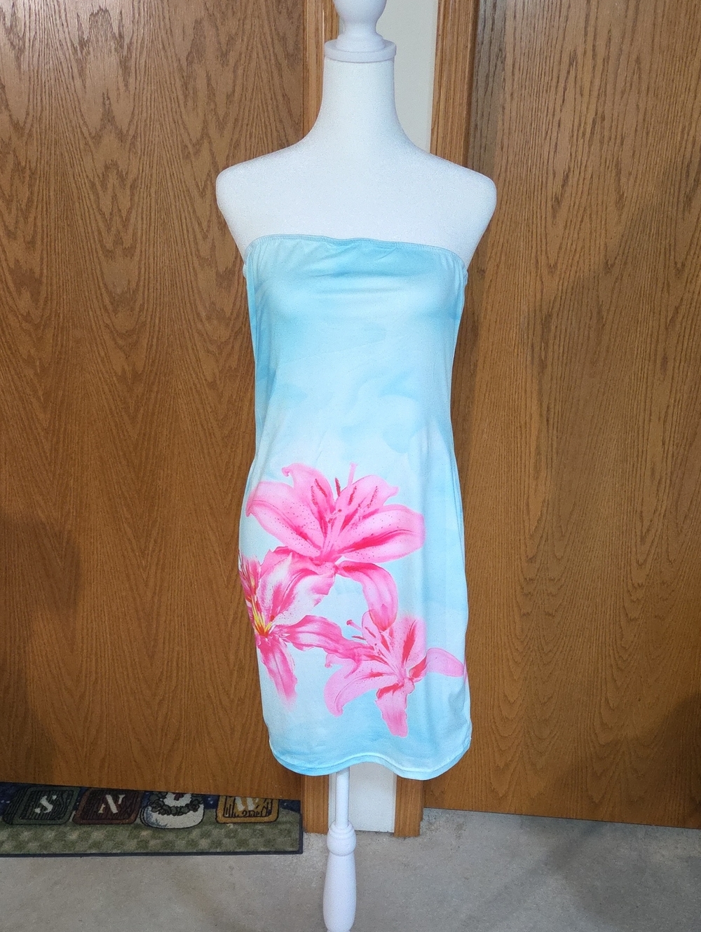 #11 Strapless Aqua Blue Dress with Pink Floral Print